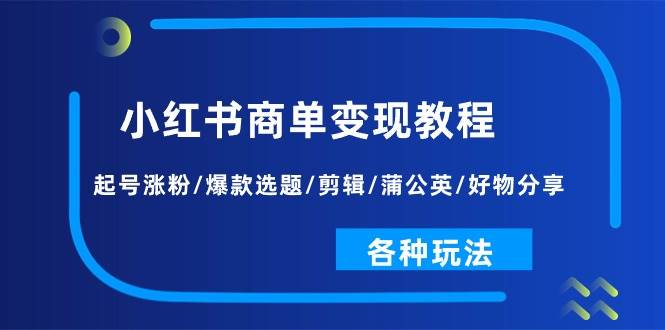 小红书商单变现教程：起号涨粉/爆款选题/剪辑/蒲公英/好物分享/各种玩法-臻优网
