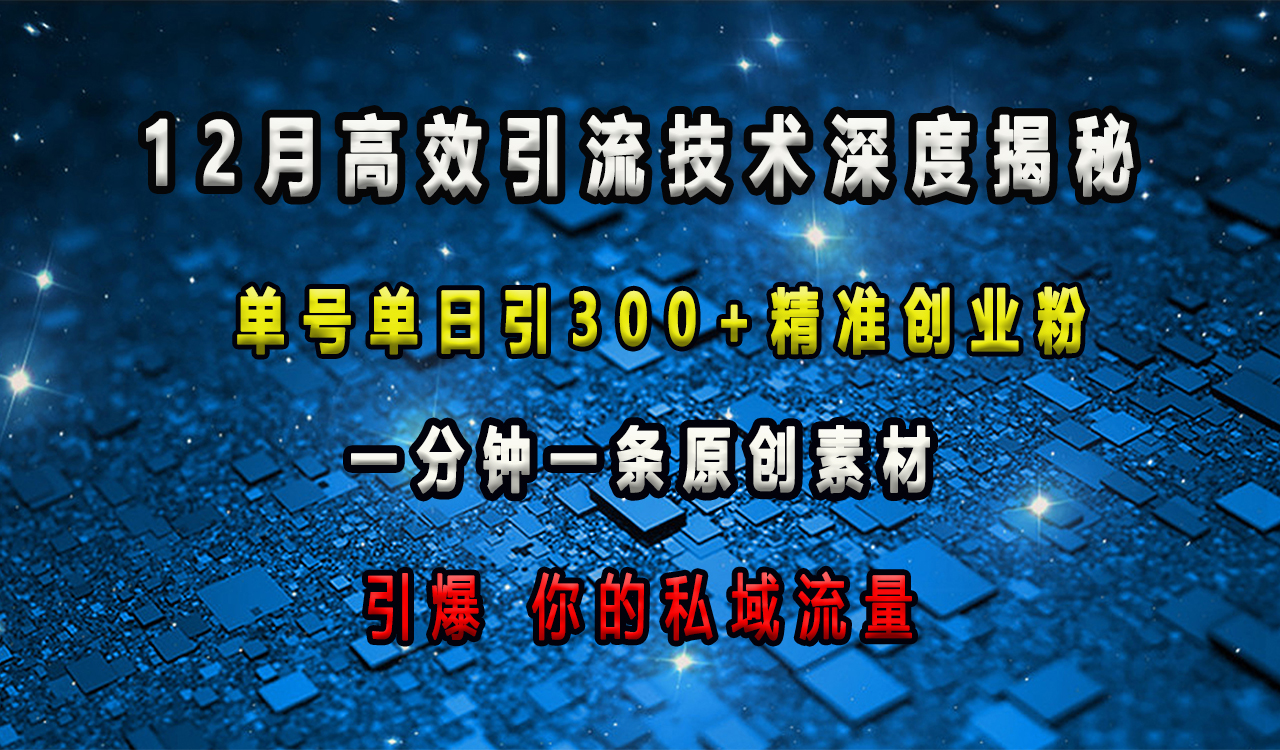 12月高效引流技术深度揭秘 ，单号单日引300+精准创业粉，一分钟一条原创素材，引爆你的私域流量-臻优网
