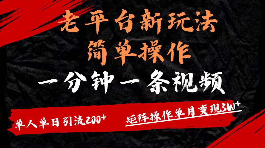 老平台，新玩法，简单操作，一分钟一条视频，单人单人引流200+矩阵操作，单月变现3W-臻优网