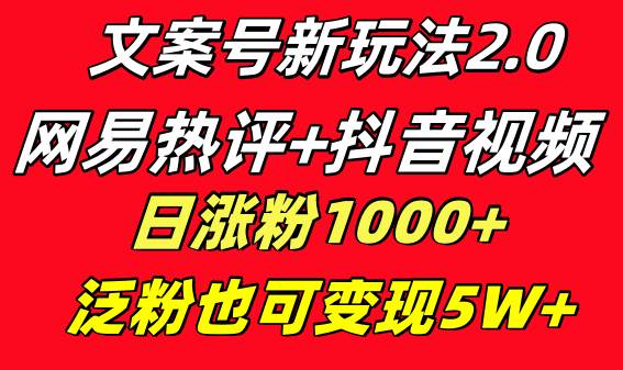 文案号新玩法 网易热评+抖音文案 一天涨粉1000+ 多种变现模式 泛粉也可变现-臻优网