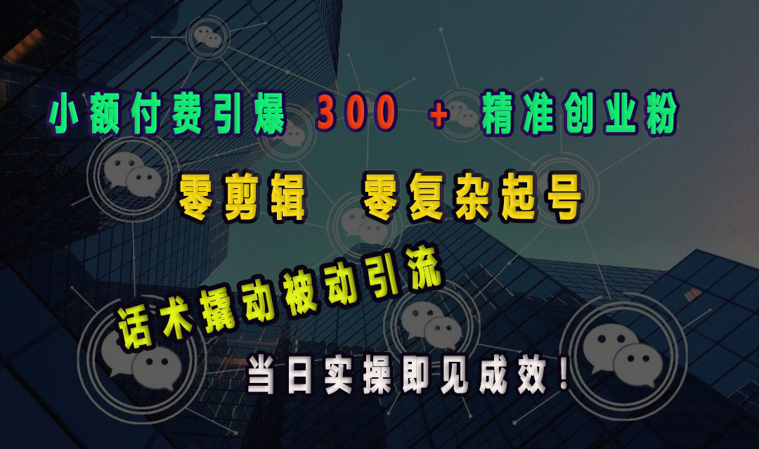 小额付费引爆 300 + 精准创业粉，零剪辑、零复杂起号，话术撬动被动引流，当日实操即见成效！-臻优网