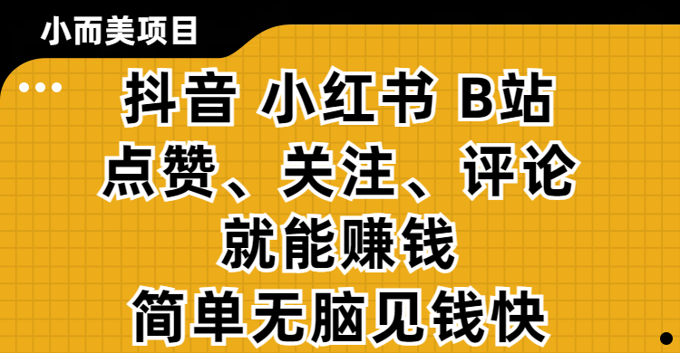 小而美的项目，抖音、小红书、B站视频点赞、关注、评论就能赚钱，简单无脑立见收益！妥妥的零撸项目-臻优网
