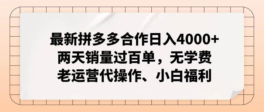 最新拼多多合作日入4000+两天销量过百单，无学费、老运营代操作、小白福利-臻优网