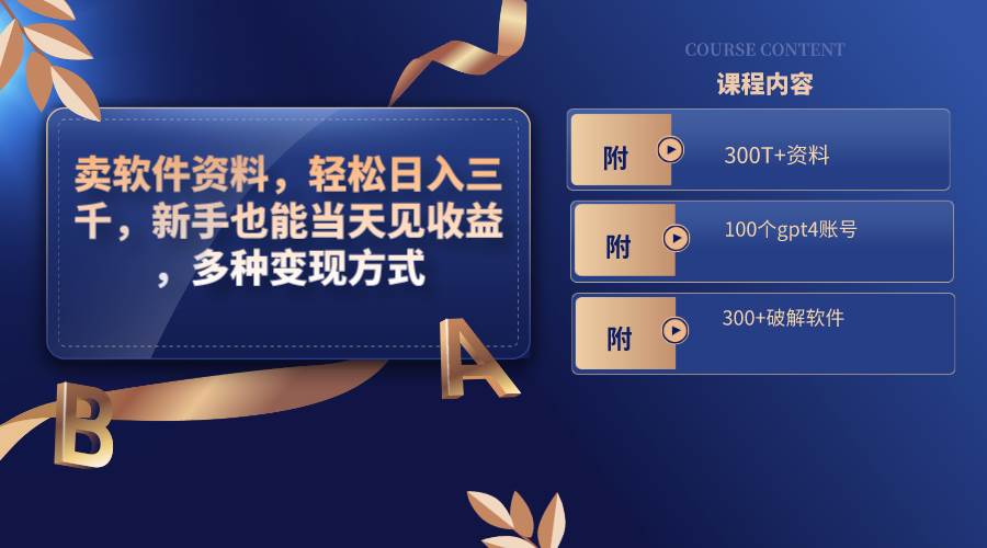 卖软件资料，轻松日入三千，新手也能当天见收益，多种变现方式，（附300T+资料，100个gpt4账号，300+破解软件）-臻优网