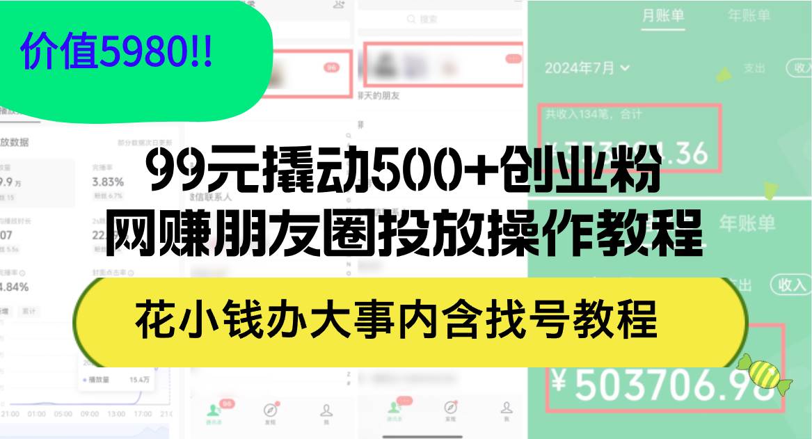 99元撬动500+创业粉，网赚朋友圈投放操作教程价值5980！花小钱办大事内…-臻优网