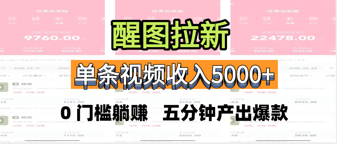 醒图拉新，0 门槛躺赚，五分钟产出爆款，单条视频收入5000+-臻优网