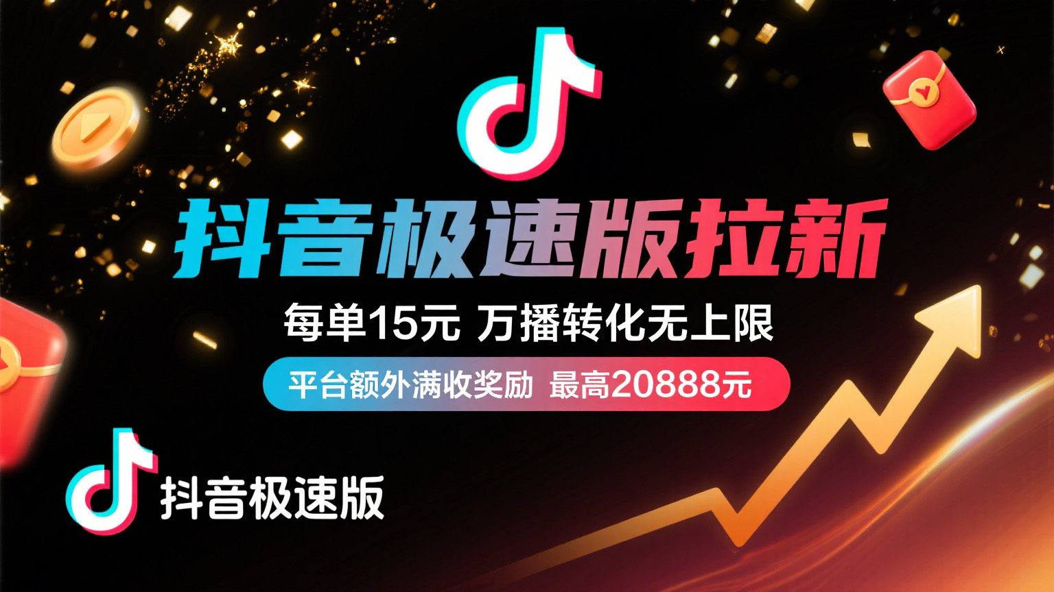 抖音极速版放福利，每单15元，万播转化无上限，平台额外满收奖励，最高可领20888元-臻优网